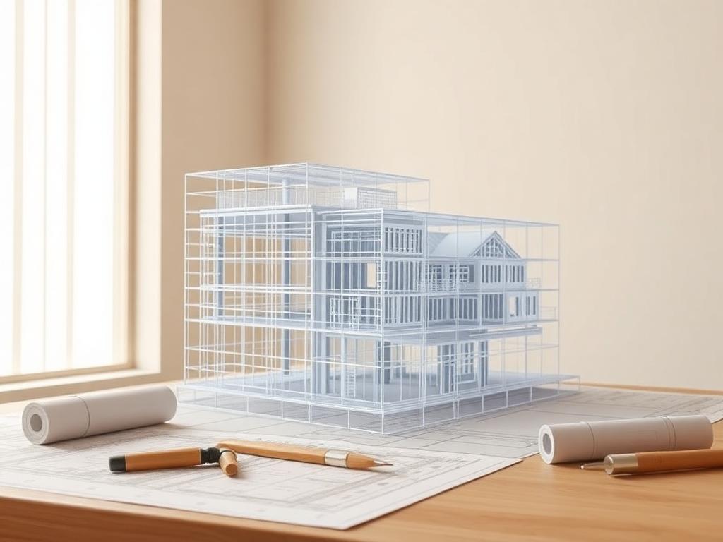 Wireframe BIM building model on an architect's desk