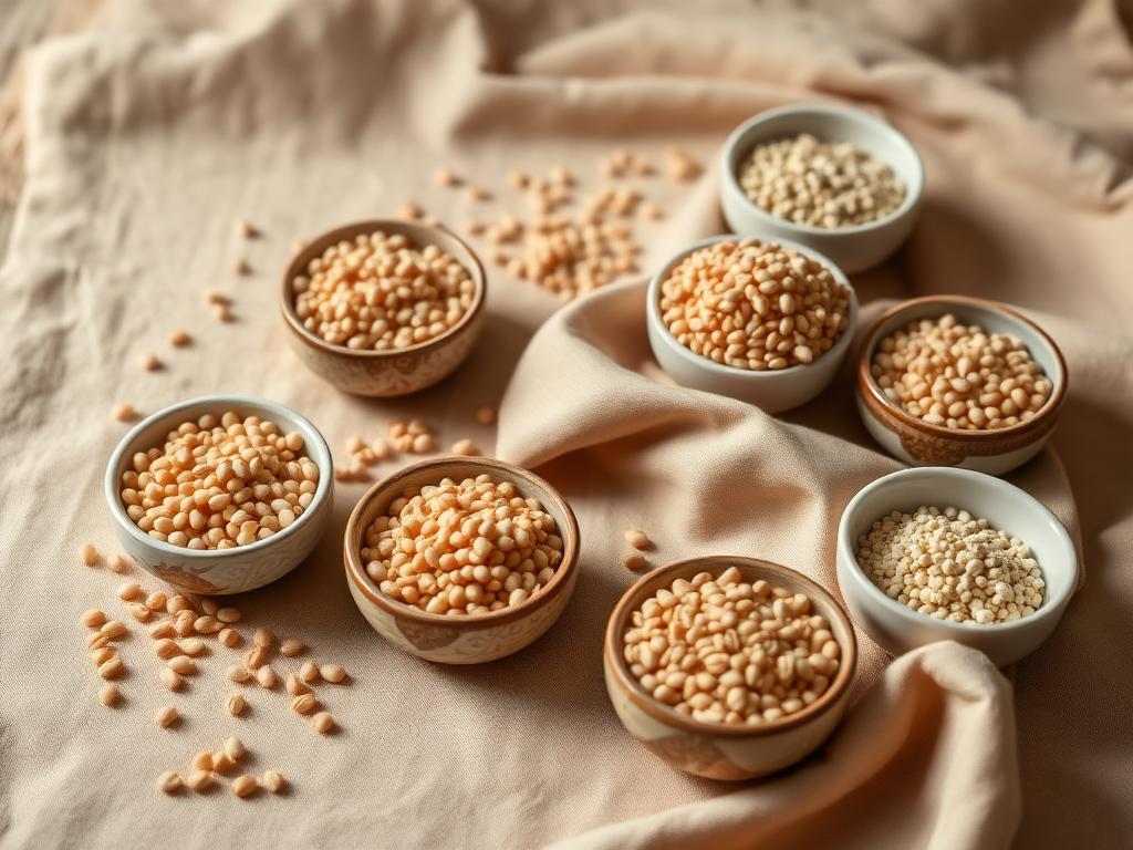 Bowls of millet grains on beige linen