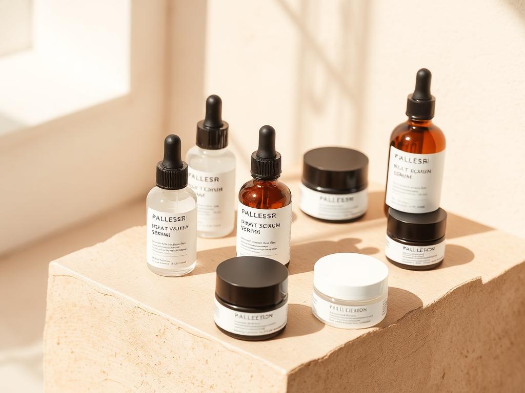 Minimal skincare serum bottles on beige stone