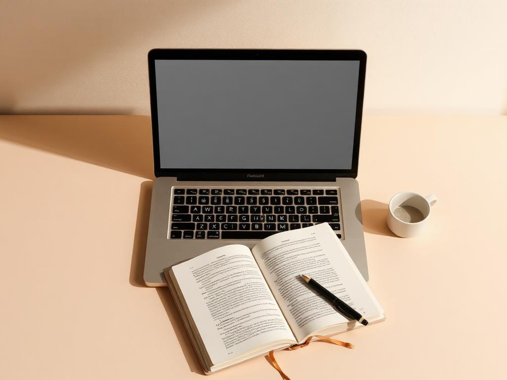 Laptop and open notebook on a warm beige desk