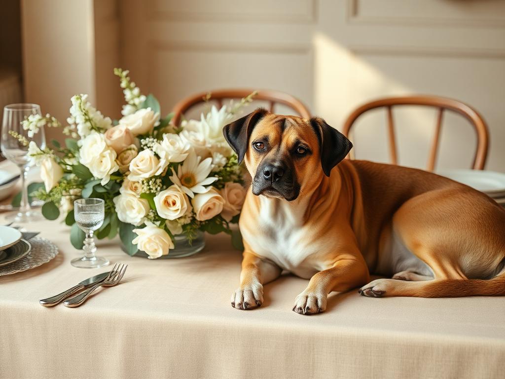 Wedding table setting with a dog resting beside flowers