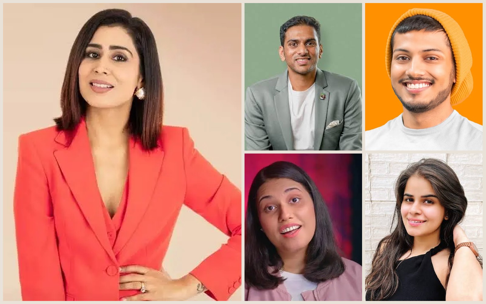 Collage of influencers and founders — Ghazal Alagh, Arjun Vaidya, Tech Burner, Saloni Gaur, Dharna Durga